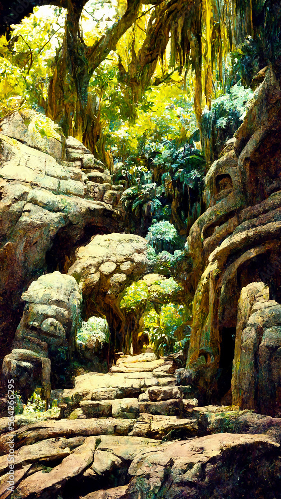 Mayan civilization forest land cave illustration art Generative AI Content by Midjourney