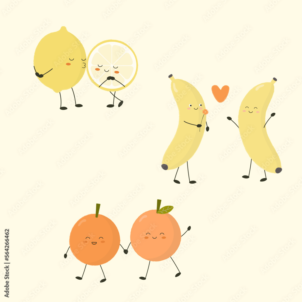 Happy Fruits and Vegetables Falling in Love with Each Other Vector Set Happy Fruits and Vegetables Falling in Love with Each Other Vector Set