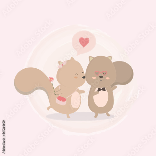 A couple of squirrel kisses each other cheek. Around circle shape. Happy Valentine's day greeting card used for print design, banner, poster, flyer template