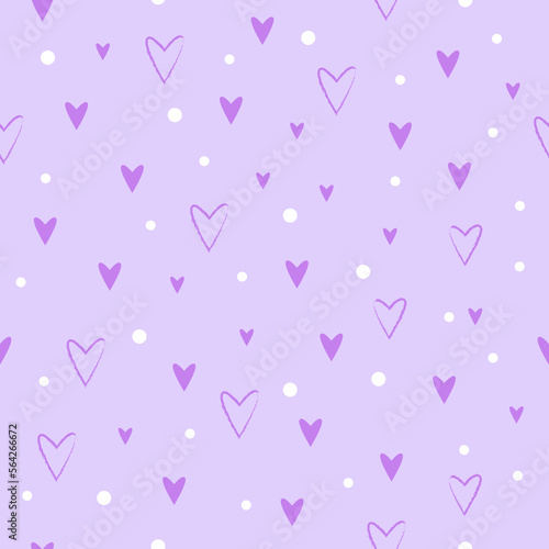 Cute romantic Valentine's seamless pattern with violet hearts and white circles. Vector flat illustration.