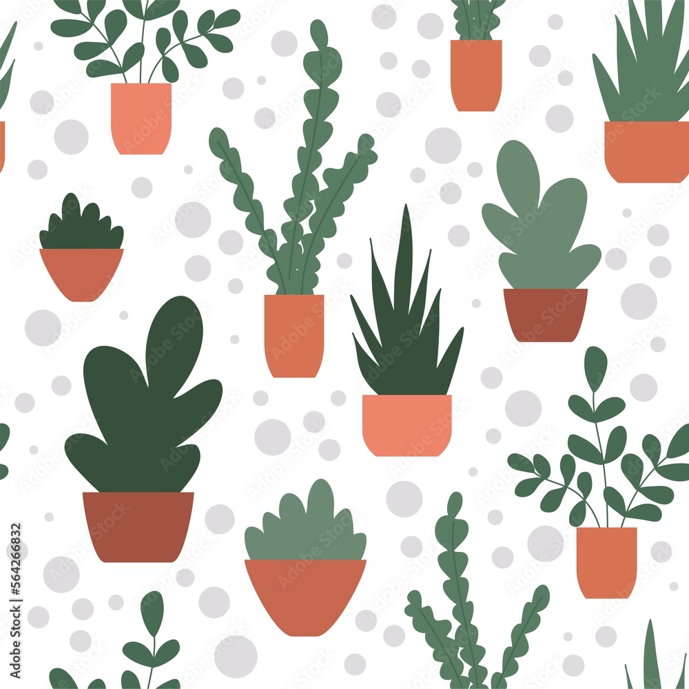 Seamless pattern with flowers in pots. Vector Hand drawn background for ...