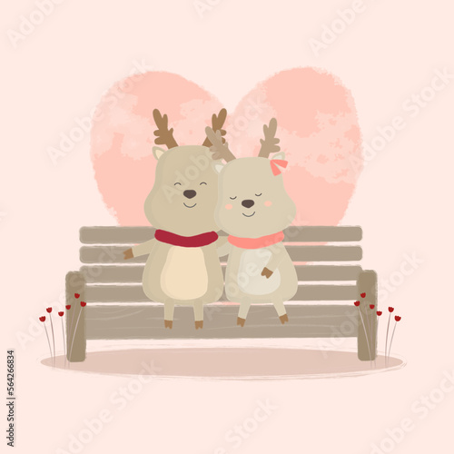 Deer couple sitting on a bench in the park and admiring the sunset - Romantic date concept. Vector illustration