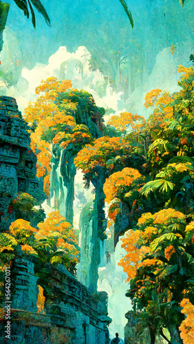Mayan forest in the sunny morning illustration art Generative AI Content by Midjourney