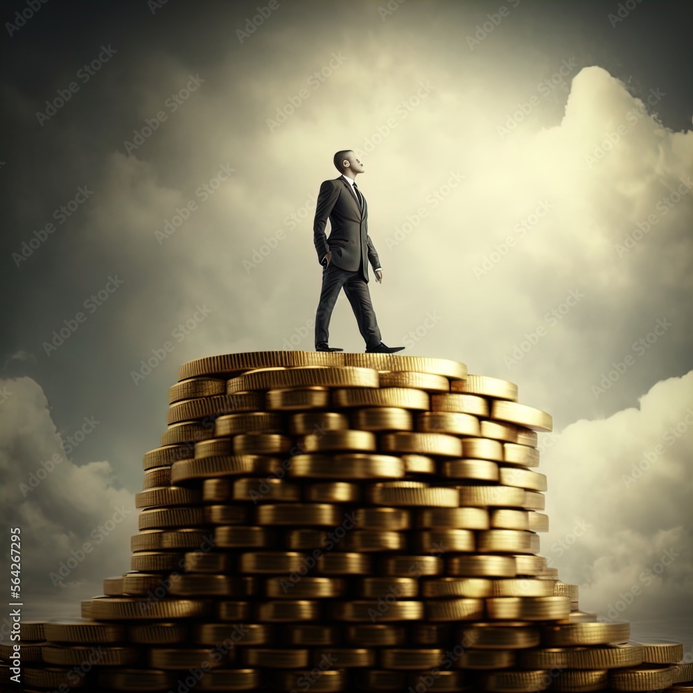 Businessman standing on a huge pile of gold coins. Made with Generative AI.
Businessman standing on a huge pile of gold coins. Made with Generative AI.