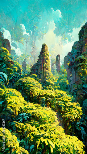 Mayan forest in the sunny morning illustration art Generative AI Content by Midjourney