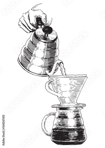 A barista brewing coffee with dripper and kettle. Hand drawn vector illustration.