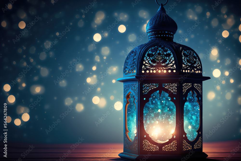 Ramadan Kareem - Moon And Arabian Lantern With Blue Sky At Night With Abstract Defocused Lights - Eid Ul Fitr (ai generated)