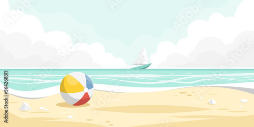 Beach cartoon scene, Ball on sand beach with calm sea view, Vector illustration.