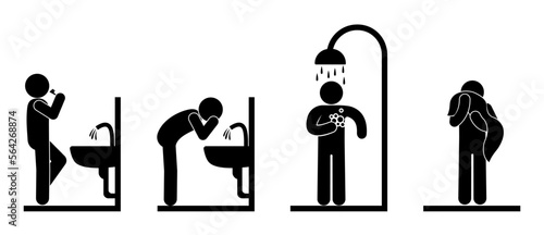 icon man washes, set of human silhouettes in the bathroom, stick figure people, hygiene procedures illustration