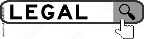 Search banner in word legal with hand over magnifier icon on white background
