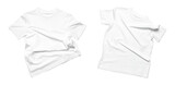 White flying cotton T-shirt isolated on white background. With clipping path. Clean white t-shirt for women or men. Classic Basic Unisex T-shirt. Branding clothes front view Mock up 