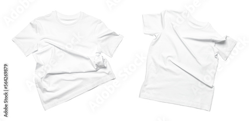 White flying cotton T-shirt isolated on white background. With clipping path. Clean white t-shirt for women or men. Classic Basic Unisex T-shirt. Branding clothes front view Mock up 