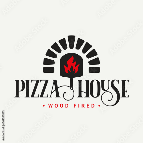 Pizza logo with pizza shovel and oven flame