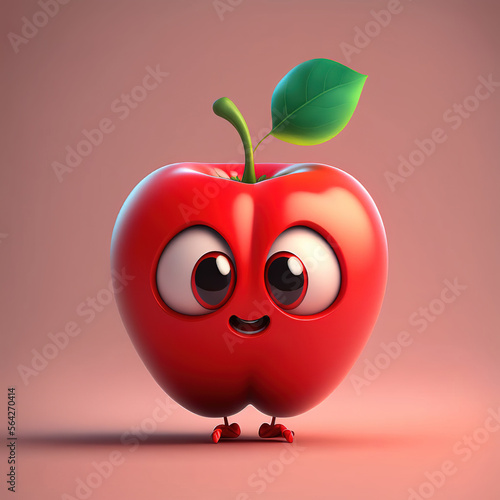 Cute Happy Apple Character Cartoon 3D. Generative AI