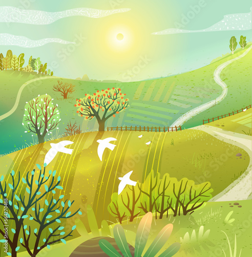 Rustic scenery landscape in summer morning, agricultural fields and meadows in country. Summertime sunlight in countryside land, birds and trees. Hand drawn artistic vector illustration.
