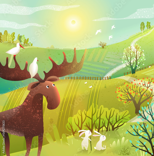 Funny moose in wild nature scenery  summer landscape. Animals in the countryside landscape background. Cute moose cartoon for kids. Hand drawn vector illustration in watercolor style.