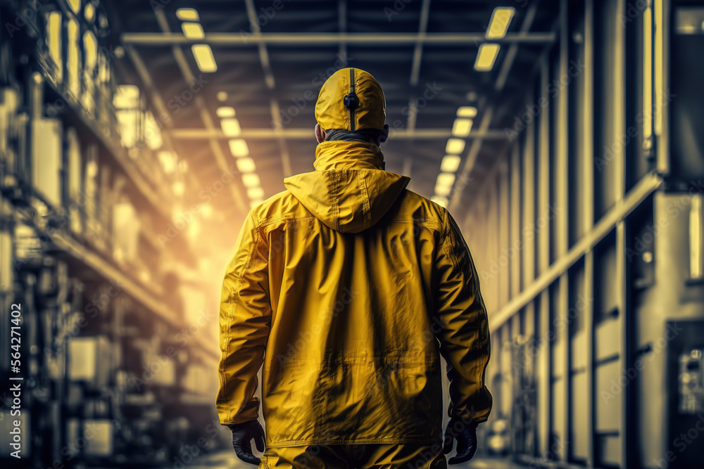 Back of the worker which is wearing yellow coverall uniform is standing on working factory background. Industrial working scene. Generative Ai image. Back of the worker which is wearing yellow coverall uniform is standing on working factory background. Industrial working scene. Generative Ai image.