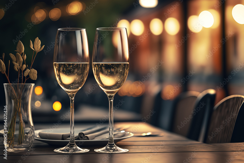 Couple glassess of the champagne or white wine are placed on wooden table in restaurant background. Generative Ai image. Couple glassess of the champagne or white wine are placed on wooden table in restaurant background. Generative Ai image.