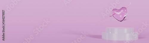 Concept Banner. Glass Love Icon, Pink Background with space for text, Podium Display, 3D Rendering.