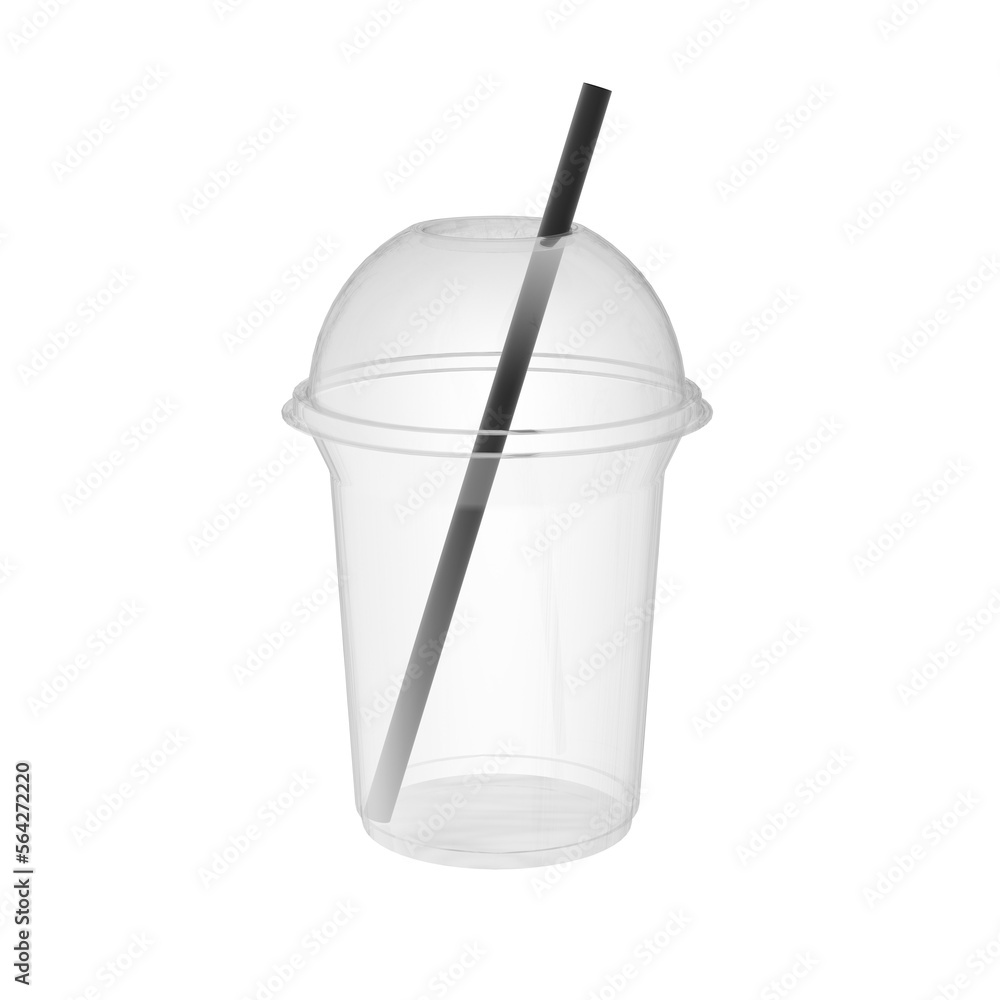 transparent plastic cup with straw isolated on white, 3d rendering of