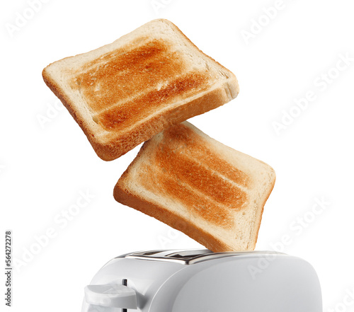 Roasted toasts popping out of a white toaster, cut out