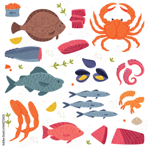 Seafood with Fish, Crustacean and Shellfish as Fresh Sea Product Vector Set