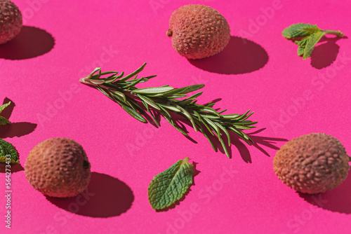 Creative composition made of green rosemary and lychee fruits on bright pink background. Summer refreshment concept. Vitamin healthy food