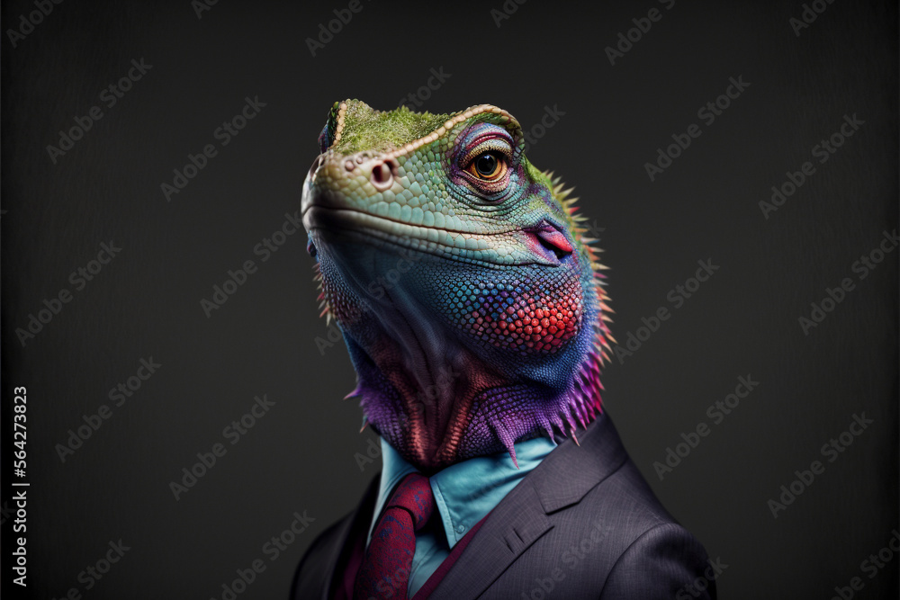 A colorful Lizard in a suit created with Generative AI - corporate portrait, photography, portrait, animal A colorful Lizard in a suit created with Generative AI - corporate portrait, photography, portrait, animal