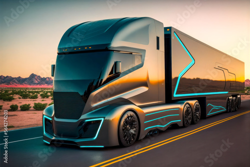 Self-driving truck on the road. Generative AI. © eyetronic