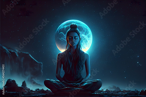 man in sound healing therapy and yoga meditation pose at night to improve health and well being and slow life generative ai,