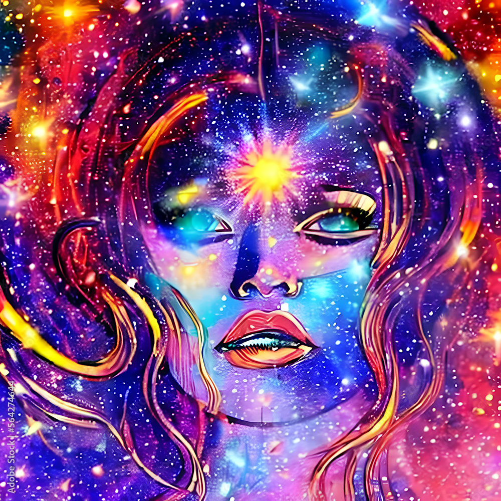 Portrait einer jungen - nicht realen - Frau in cosmic style. created with hyperrealistic generative AI technology Portrait einer jungen - nicht realen - Frau in cosmic style. created with hyperrealistic generative AI technology