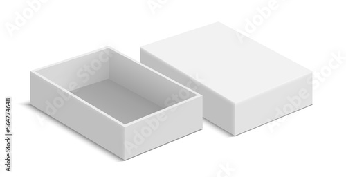 Open and closed empty white cardboard package box. Realistic box mockup isolated on white background. Square box container vector template
