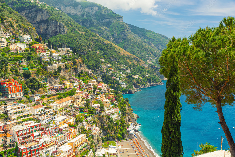 Positano town on Amalfi Coast in Campania, Italy. Popular summer Mediterranean resort and travel destination