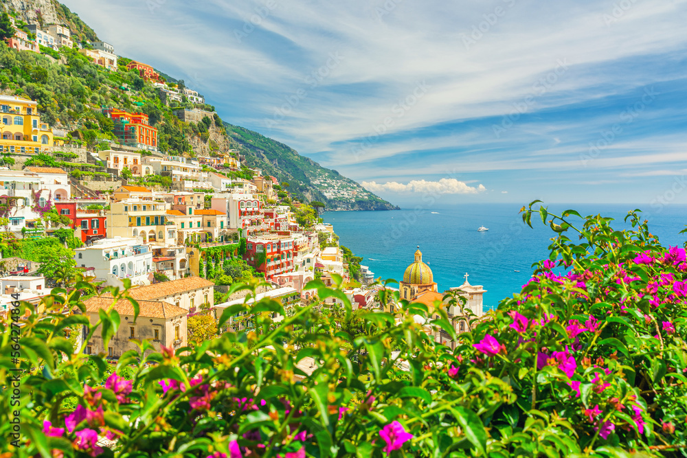 View of Positano town with flowers on Amalfi Coast in Campania, Italy. Popular summer resort