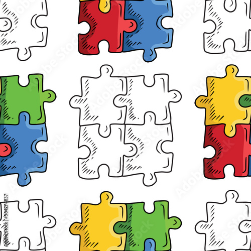 Seamless pattern with four jigsaw puzzle on white background. Hand drawn vector sketch illustration in engraving doodle vintage line art style. children autism awareness day, team building, solution.
