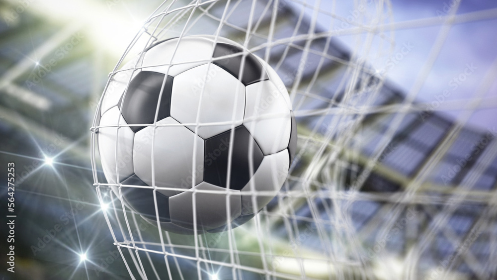 Naklejka premium Football at the back of the net. 3D illustration