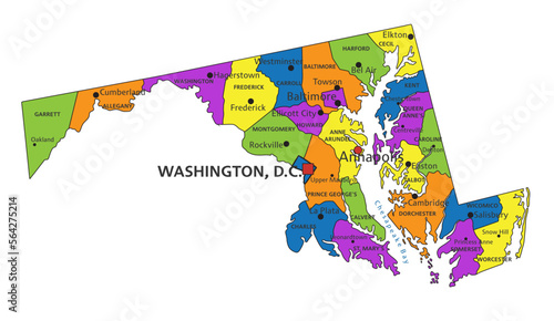 Colorful Maryland political map with clearly labeled, separated layers. Vector illustration.