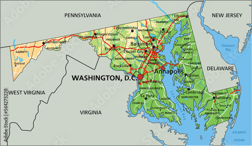 High detailed Maryland physical map with labeling.