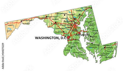 High detailed Maryland physical map with labeling.
