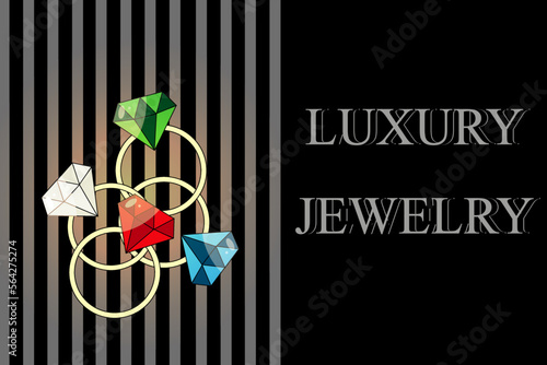 Website banner with colorful rings and inscription luxury jewelry on style black background. Ring with ruby, emerald, topaz and diamond on black background.  Marketing material.