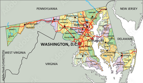 Maryland - Highly detailed editable political map with labeling.