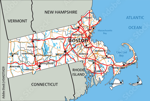 High detailed Massachusetts road map with labeling.