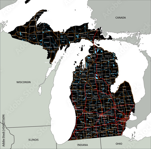 High detailed Michigan road map with labeling.