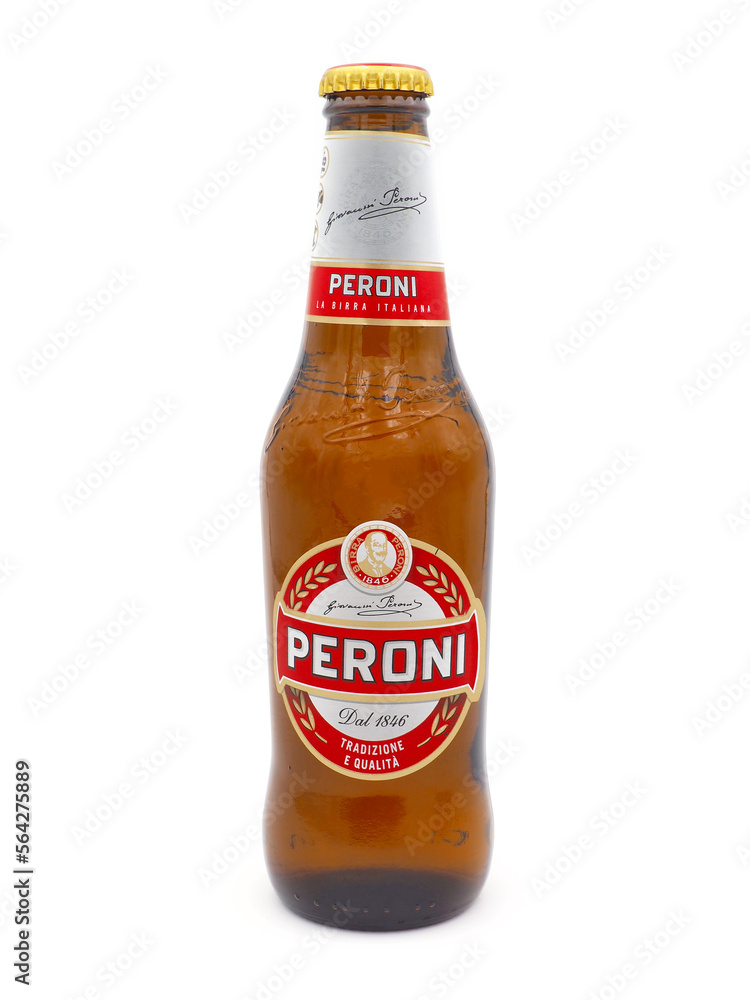 ROME, ITALY - JANUARY 24, 2023. Bottle of Peroni beer isolated on white ...
