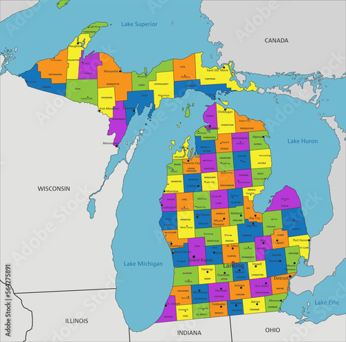 Colorful Michigan political map with clearly labeled, separated layers. Vector illustration.