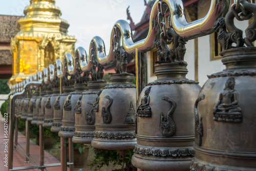 Row of Buddhist Prayer Bells at Wat Phra Singh Woramahawihan, Chiang Mai, Thailand