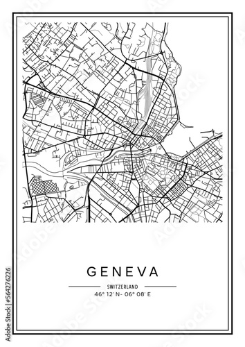 Black and white printable Geneva city map, poster design, vector illistration.