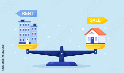 Apartment and house on scales. Choosing between rent apartments or buying housing. Investment opportunities to invest in home or condo. Sale or rent real estate, rental expense. Mortgage loan