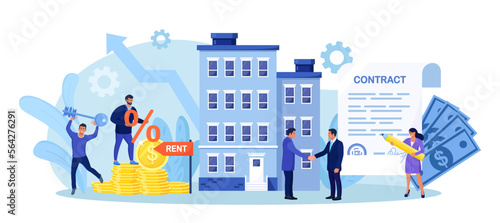 Estate agent and client shaking hands. Home loan or real estate investment. Rent agreement signing. Mortgage concept. People search for apartment to rent or sale, buying residential property