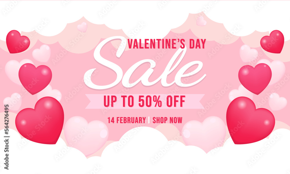 Flat valentine's day sale horizontal banner and background.